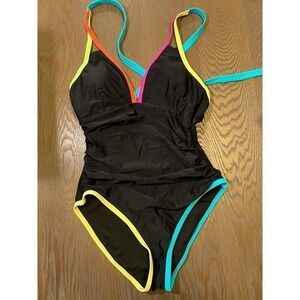 NWT Popvil Neon Contrast Trim Ruched One Piece Swimsuit Black Multicolor size XL